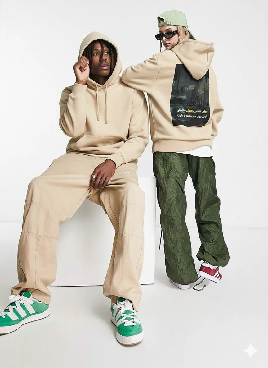 After her/him Beige Color Graphic Hoodie - Baggy Fit