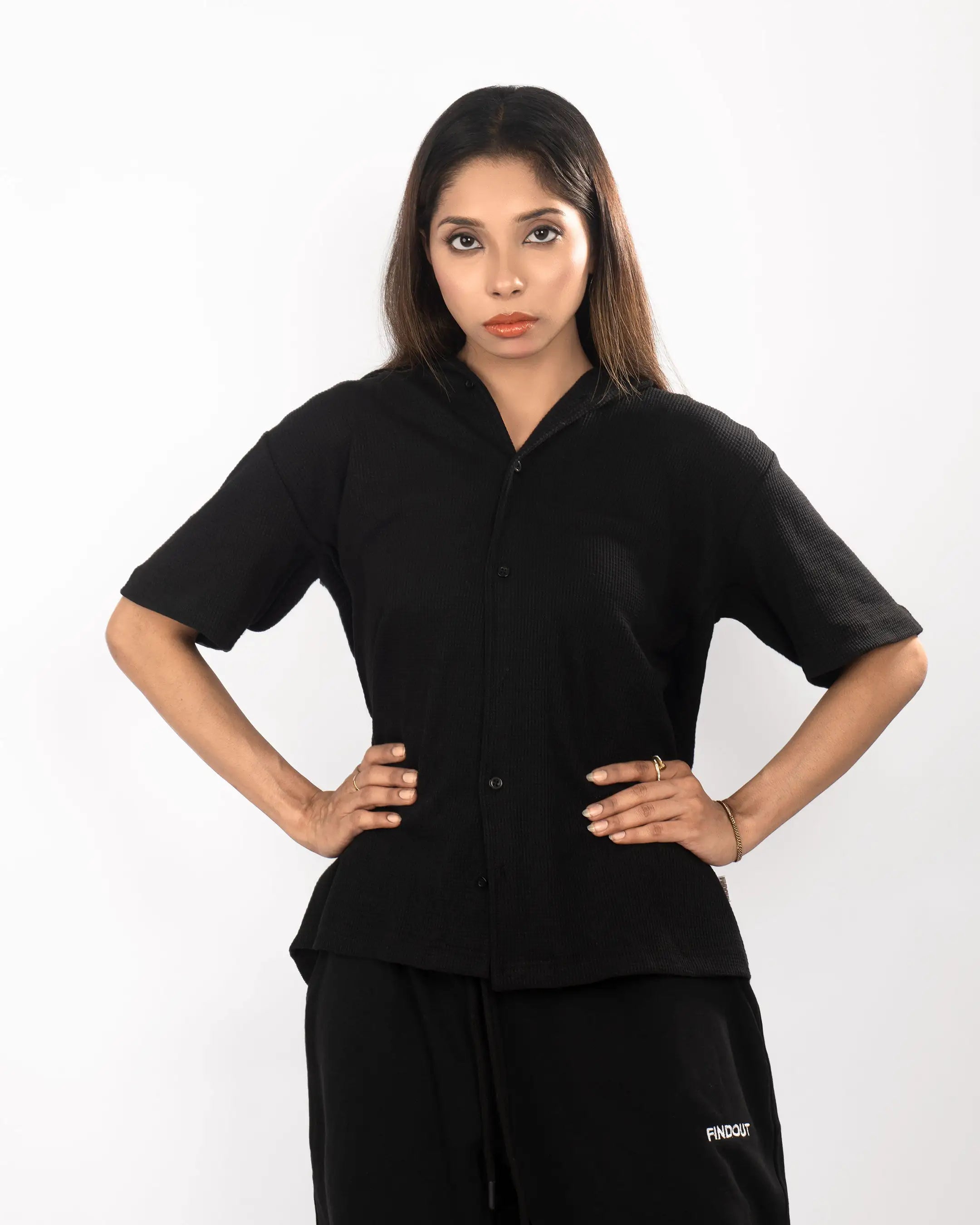 Black Waffle knitted button down shirt