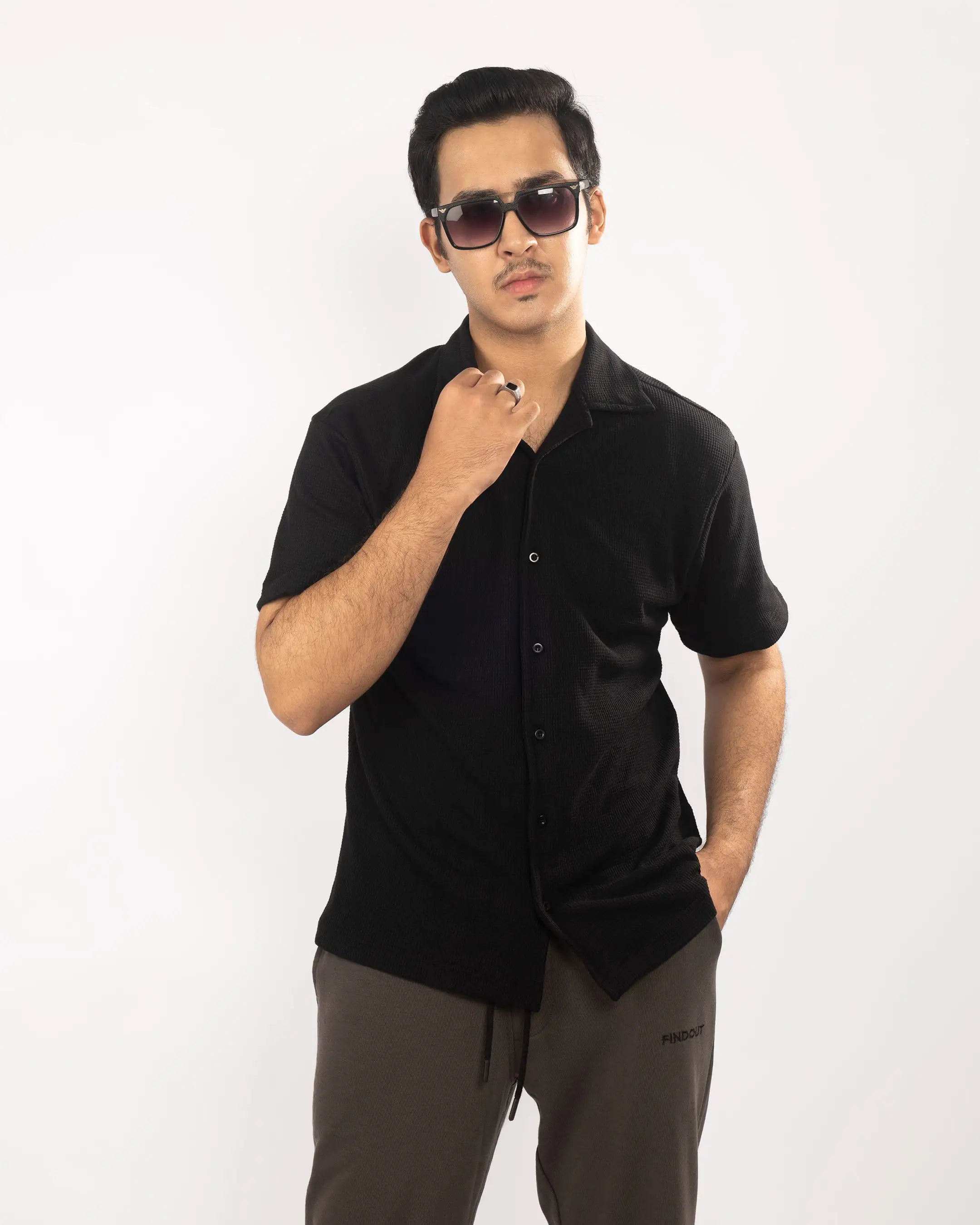 Black Waffle knitted button down shirt