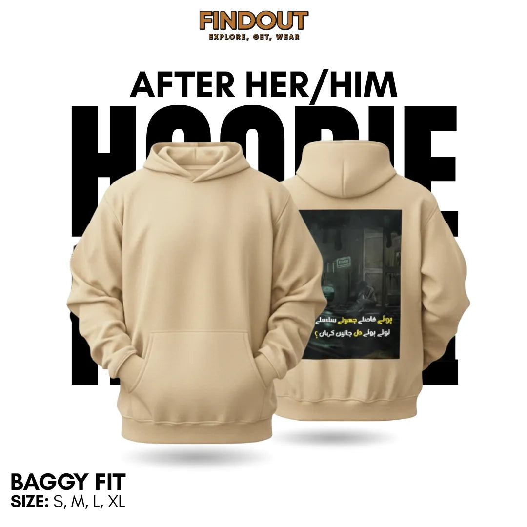After her/him Beige Color Graphic Hoodie - Baggy Fit